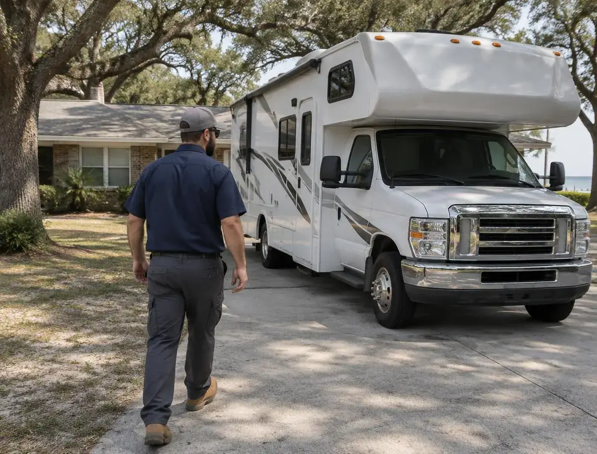 Mobile RV Mechanic in a Virginia Beach Driveway Mobile RV mechanic carrying a toolbox toward a Class C motorhome in a residential driveway shaded by live oaks on a sunny day