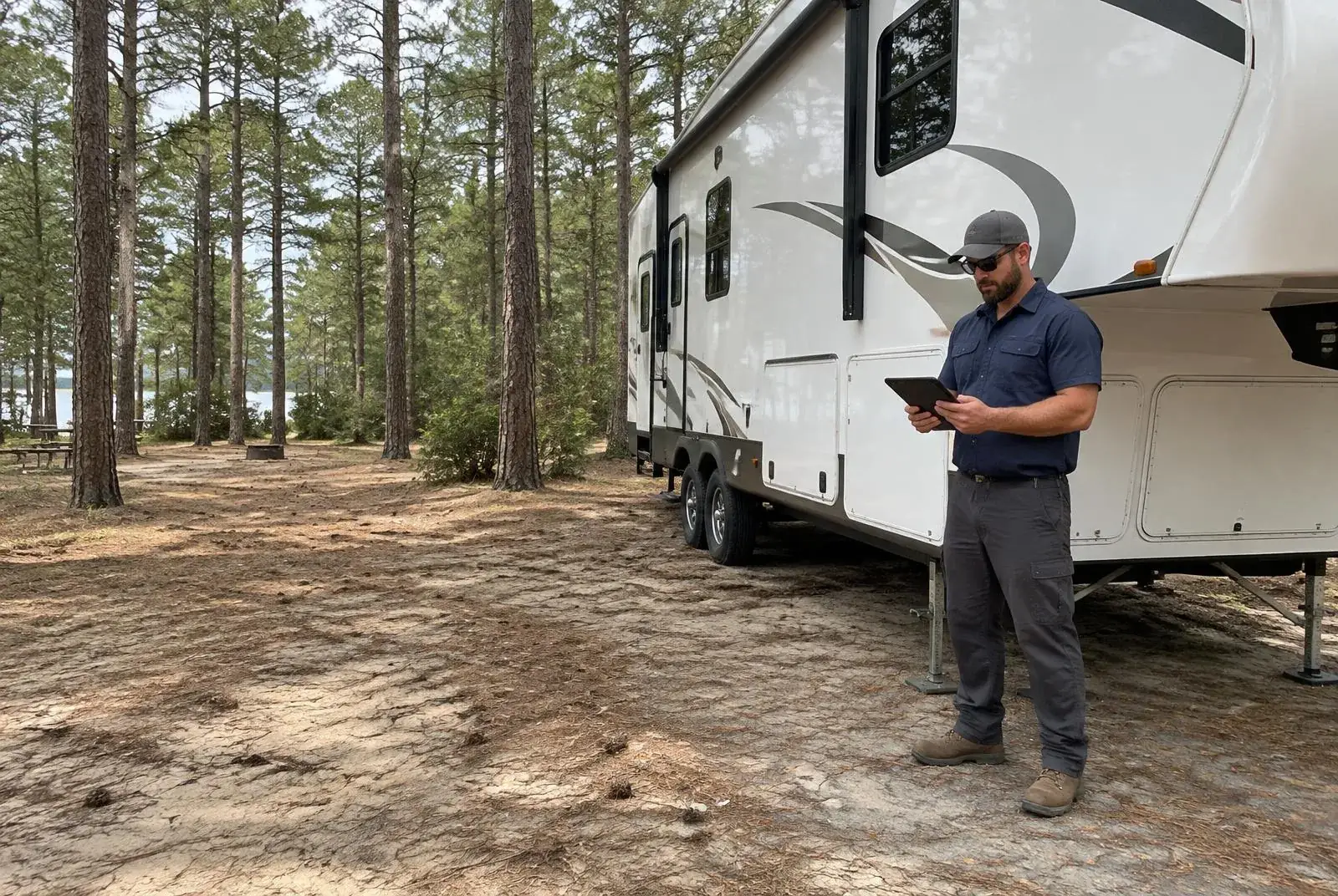 Mobile RV Repair Virginia Beach Technician On Site Mobile RV repair technician holding a tablet beside a fifth-wheel trailer at a sandy campground under loblolly pines on a sunny day