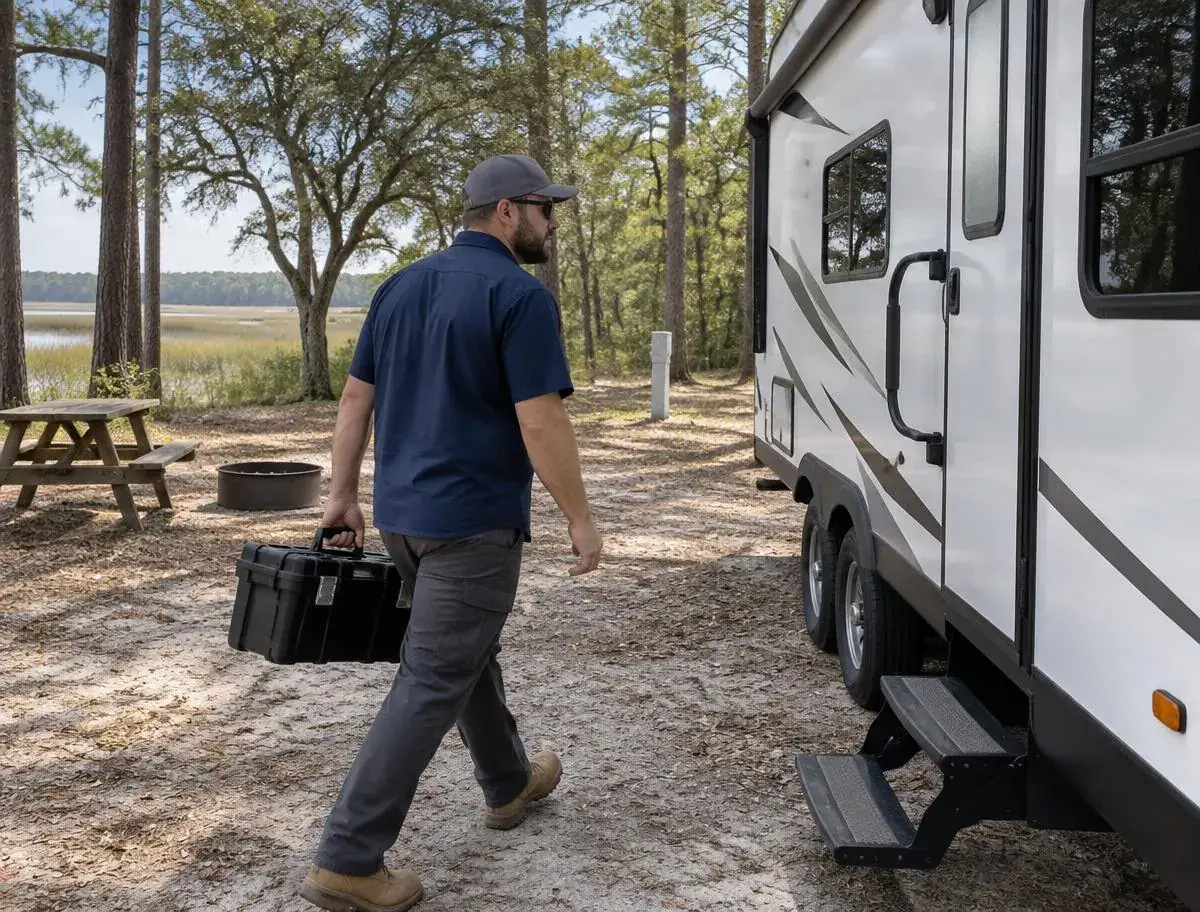 RV Repair Near First Landing State Park Mobile RV technician carrying a toolbox toward a travel trailer at a sandy, wooded campsite beside marsh grass on a sunny day